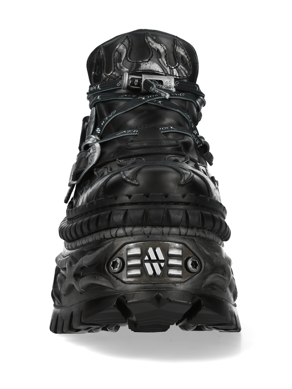 NEW ROCK Women's Goth Platform Shoes with Flame Sole showing chunky sole and buckle straps.