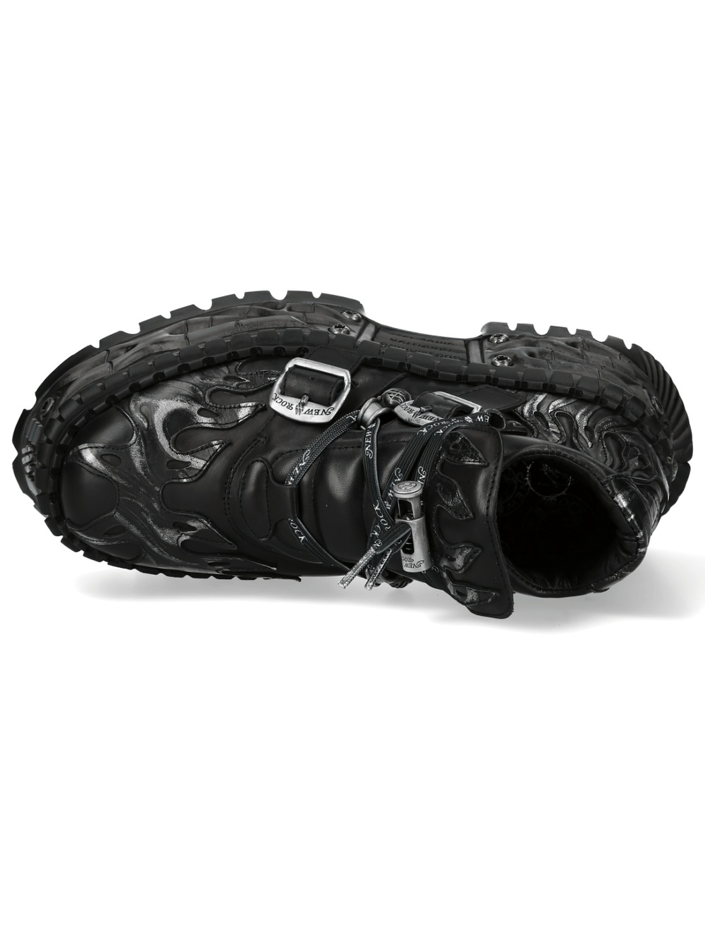 NEW ROCK Women's Goth Platform Shoes with Flame Sole featuring buckle straps and flame-style overlays.