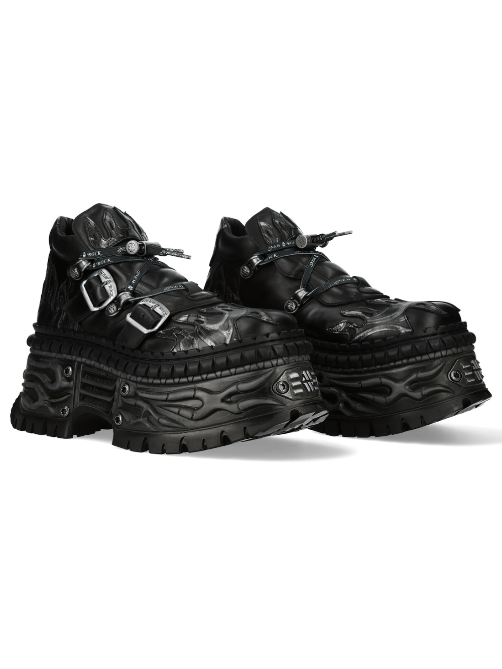 NEW ROCK Women's Goth Platform Shoes with Flame Sole featuring black design, buckle straps, and flame-style overlays.