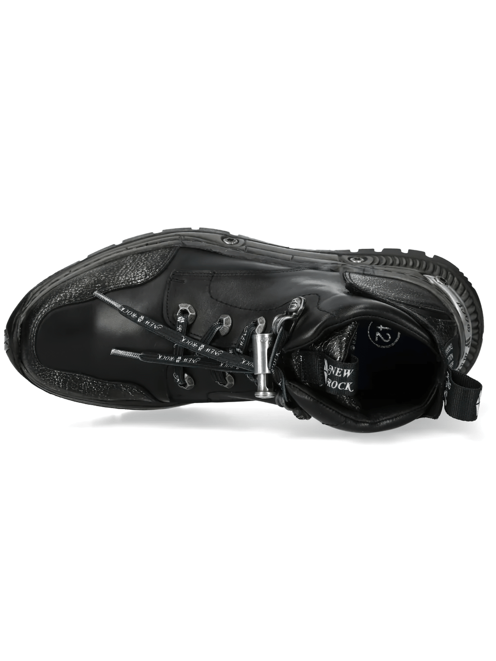 NEW ROCK Women's Gothic Ankle Boots with Distressed Toe, featuring metallic lace hardware and a sleek black upper.