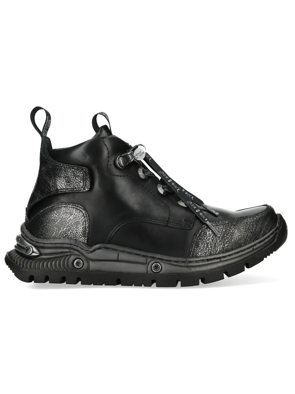 NEW ROCK Women's Gothic Ankle Boots with Distressed Toe featuring a sleek design and shiny metallic hardware.