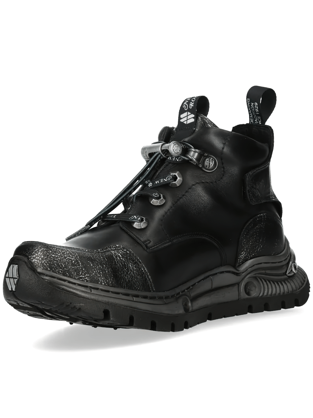 NEW ROCK Women's Gothic Ankle Boots with Distressed Toe featuring sleek black upper and metallic lace hardware.