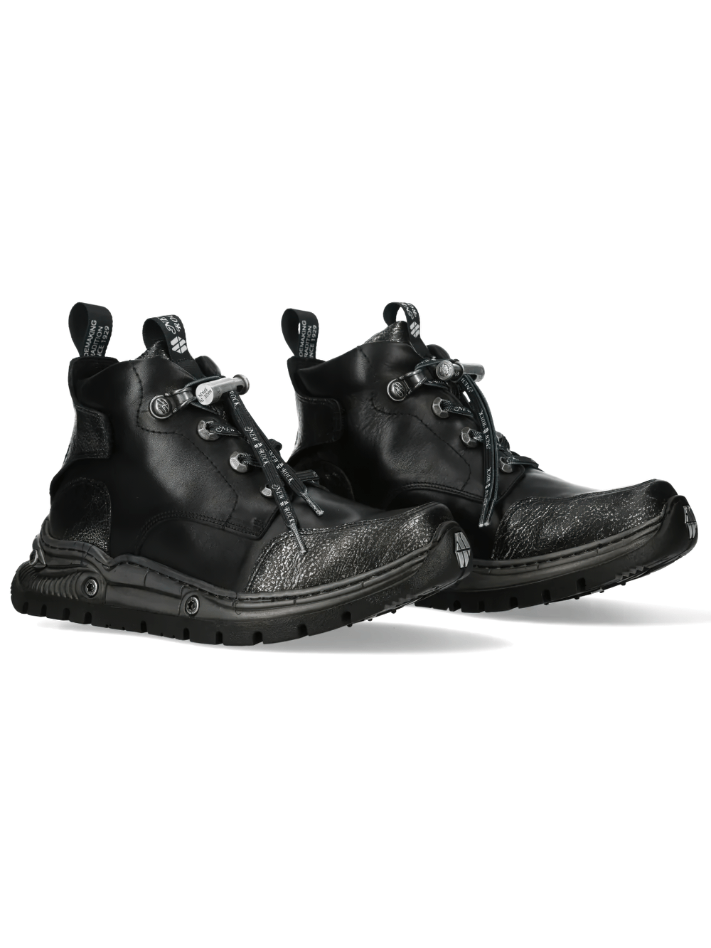 NEW ROCK Women's Gothic Ankle Boots with Distressed Toe featuring sleek black upper and metallic lace hardware.