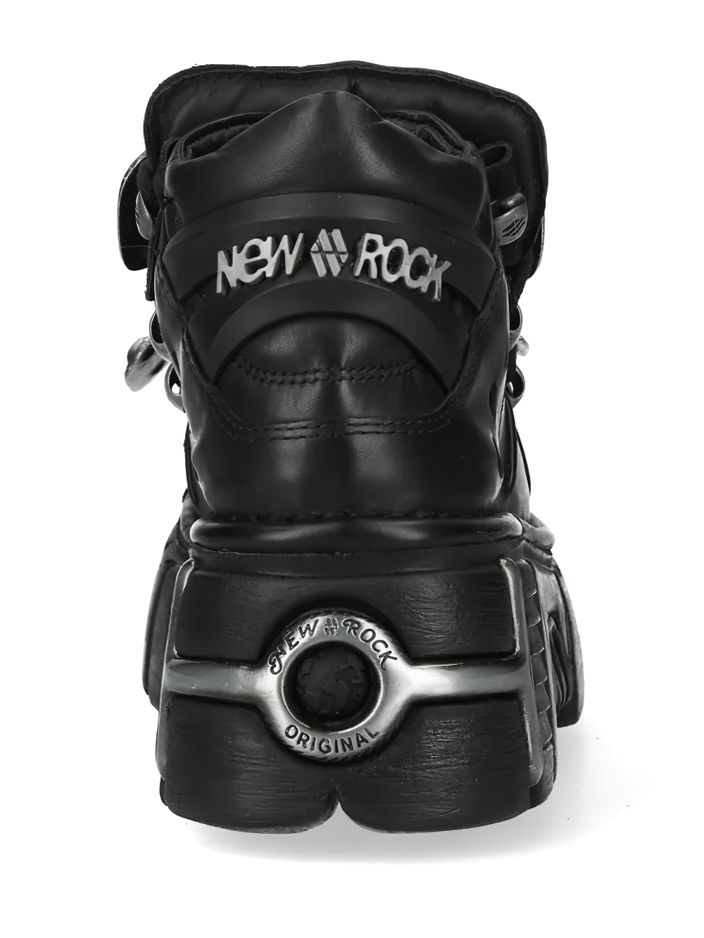NEW ROCK Women's Gothic Ankle Boots With Metal Strap Trim back view showcasing chunky sole and logo.