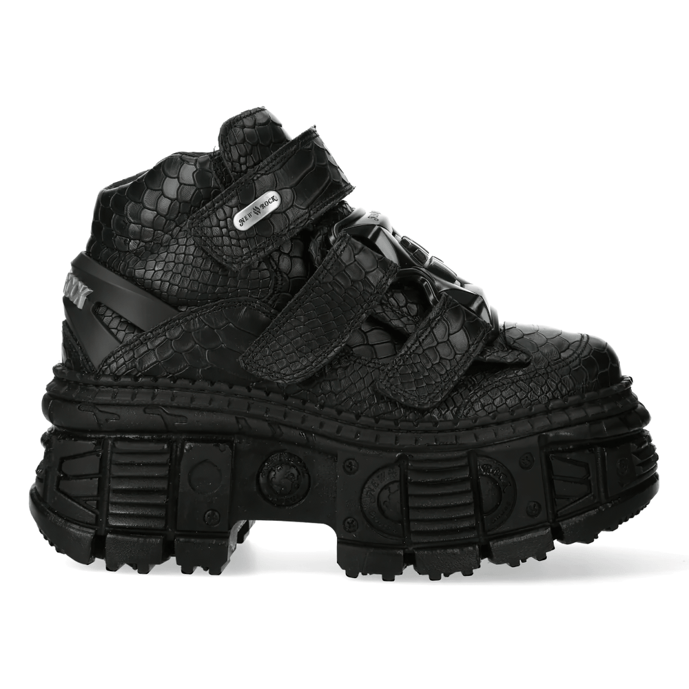 NEW ROCK Women's Gothic Ankle Boots with Textured Finish in black with embossed straps and sculpted platform sole.