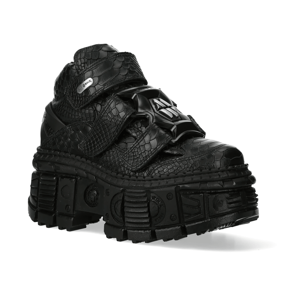 NEW ROCK Women's Gothic Ankle Boots with Textured Finish featuring embossed straps and chunky platform sole.