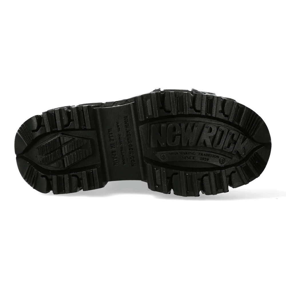 Bottom view of NEW ROCK Women's Gothic Ankle Boots with Textured Finish showcasing the unique tread design and brand logo.