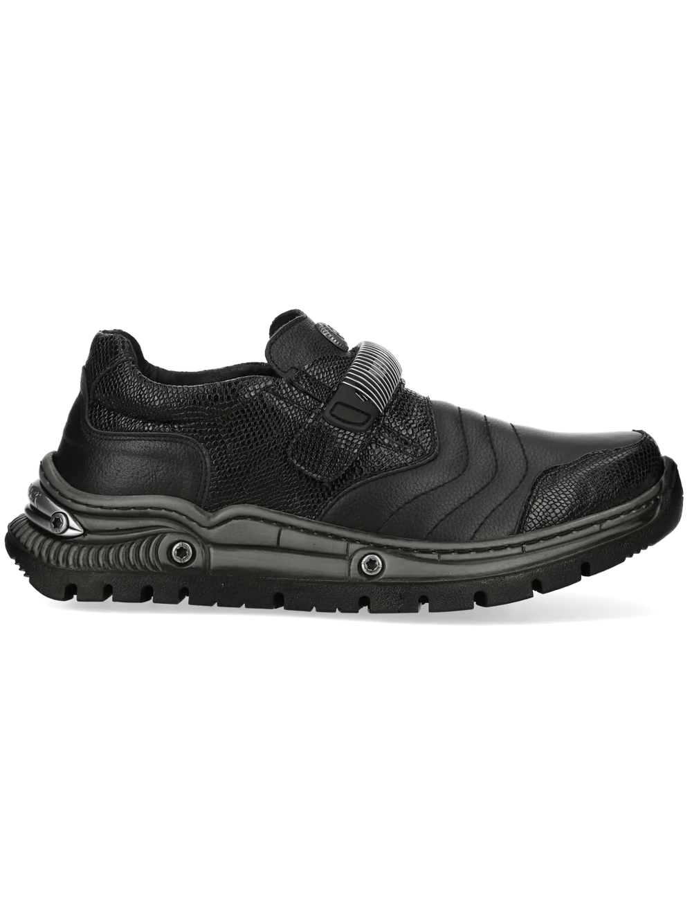NEW ROCK Women's Gothic Hybrid Shoes with Textured Paneling, featuring a sleek black design and rugged sole.