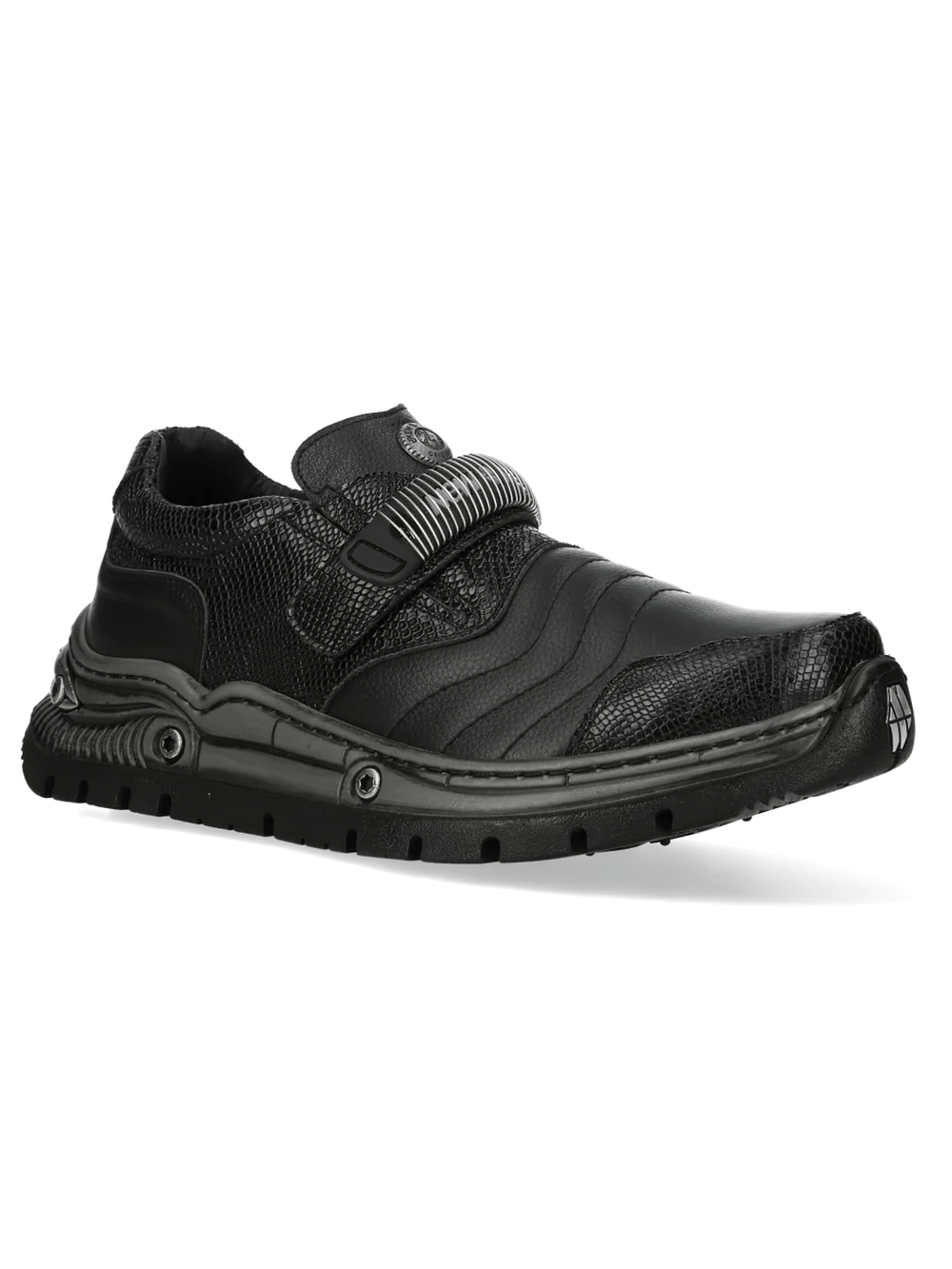 NEW ROCK Women's Gothic Hybrid Shoes with Textured Paneling in sleek black with industrial soles and textured panels.