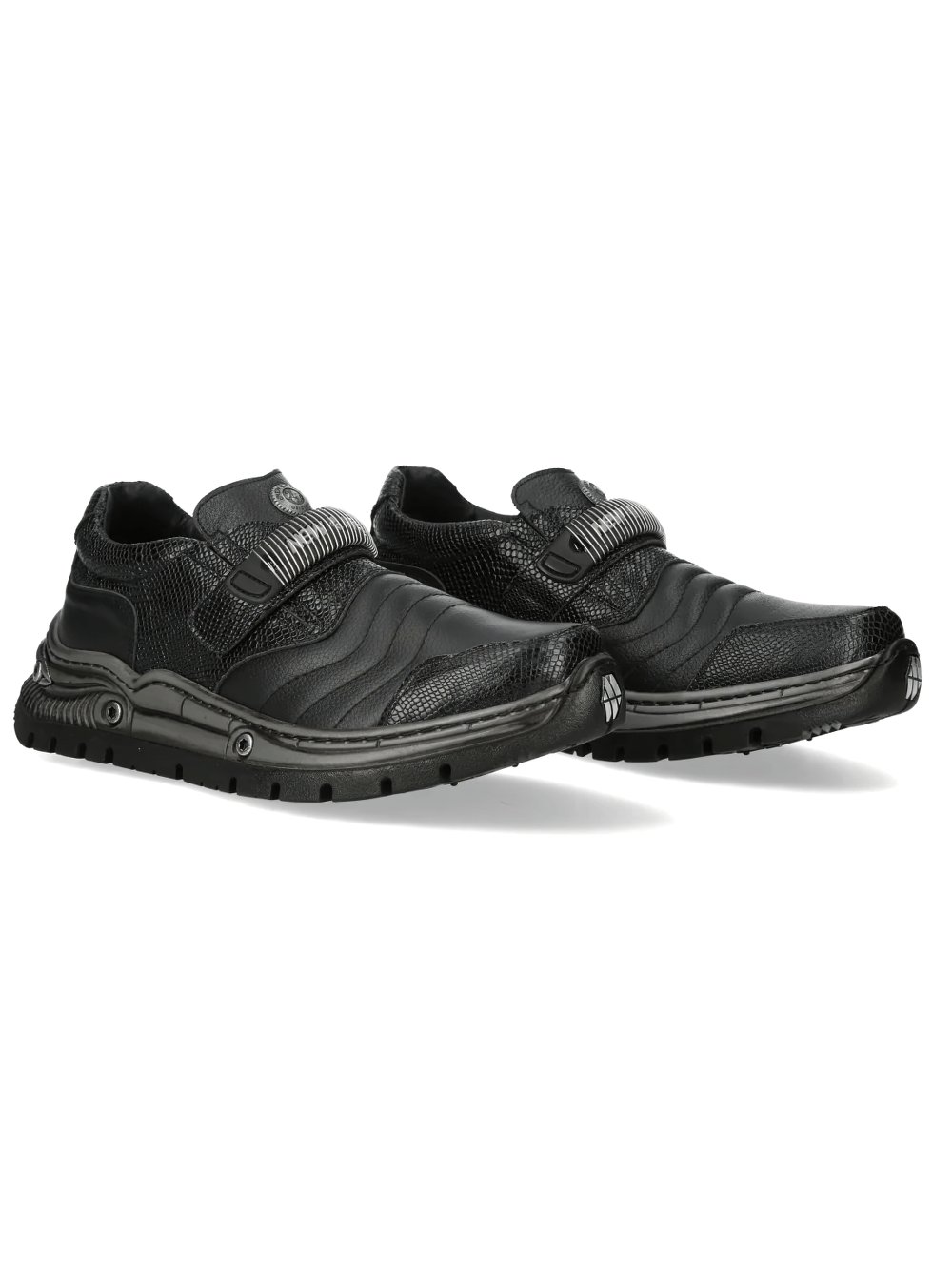 NEW ROCK Women's Gothic Hybrid Shoes with Textured Paneling in sleek black with textured detailing and rugged sole.
