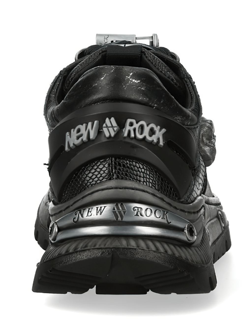 NEW ROCK Women's Gothic Low-Top Shoes with Skull Accent from the back with distinct branding detail.