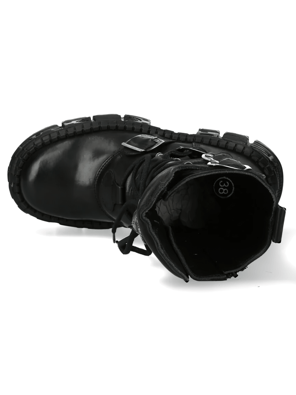 NEW ROCK Women's Gothic Military Boots with Multiple Buckles, showcasing the top view with buckles and front lacing.