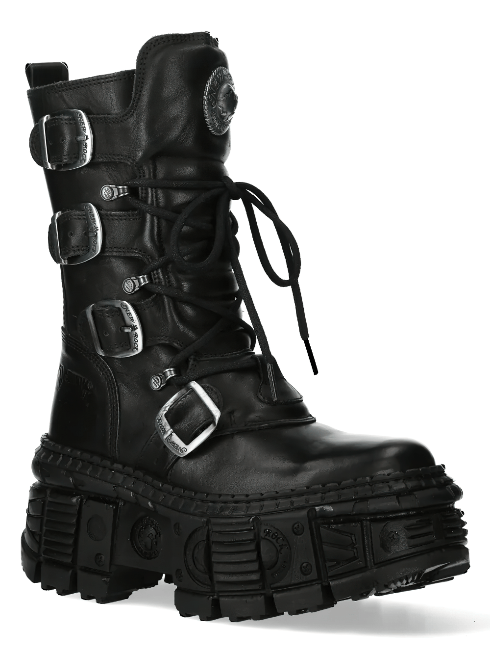 NEW ROCK Women's Gothic Military Boots with Multiple Buckles featuring a tall leather shaft and extreme lugged platform sole.