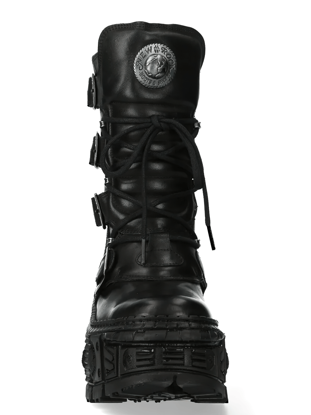 NEW ROCK Women's Gothic Military Boots with Multiple Buckles featuring a tall leather shaft and layered straps.