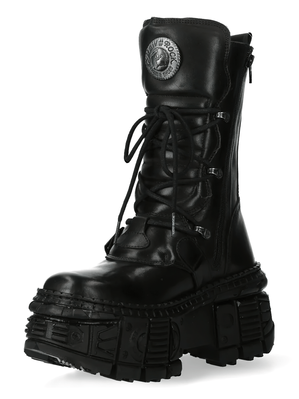 NEW ROCK Women's Gothic Military Boots with Multiple Buckles featuring a tall leather shaft and bold platform sole.