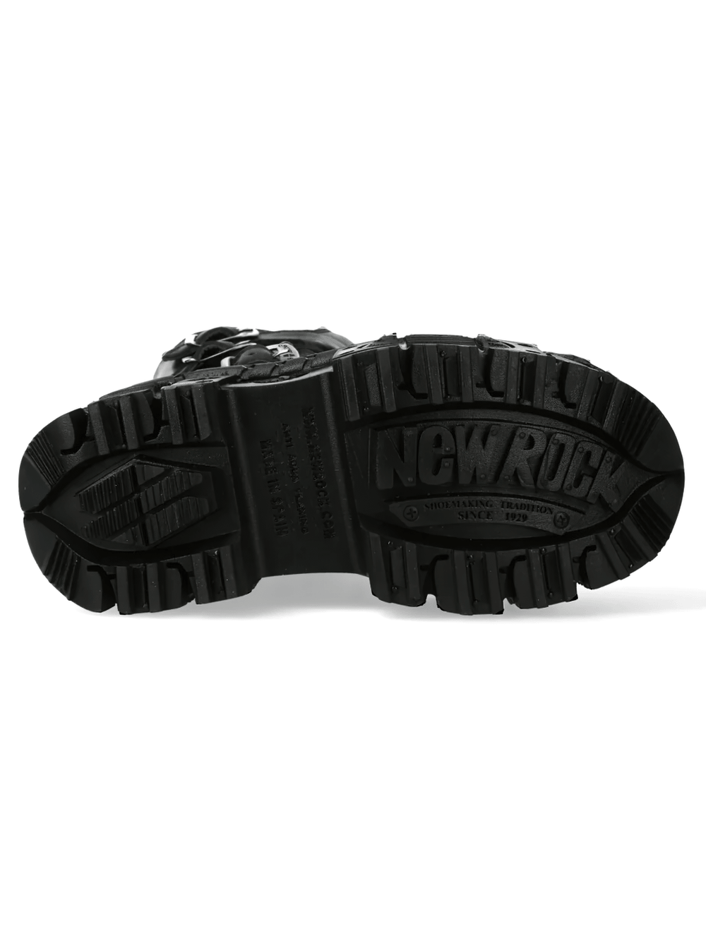Bottom view of NEW ROCK Women's Gothic Military Boots with Multiple Buckles showcasing extreme lugged platform sole.