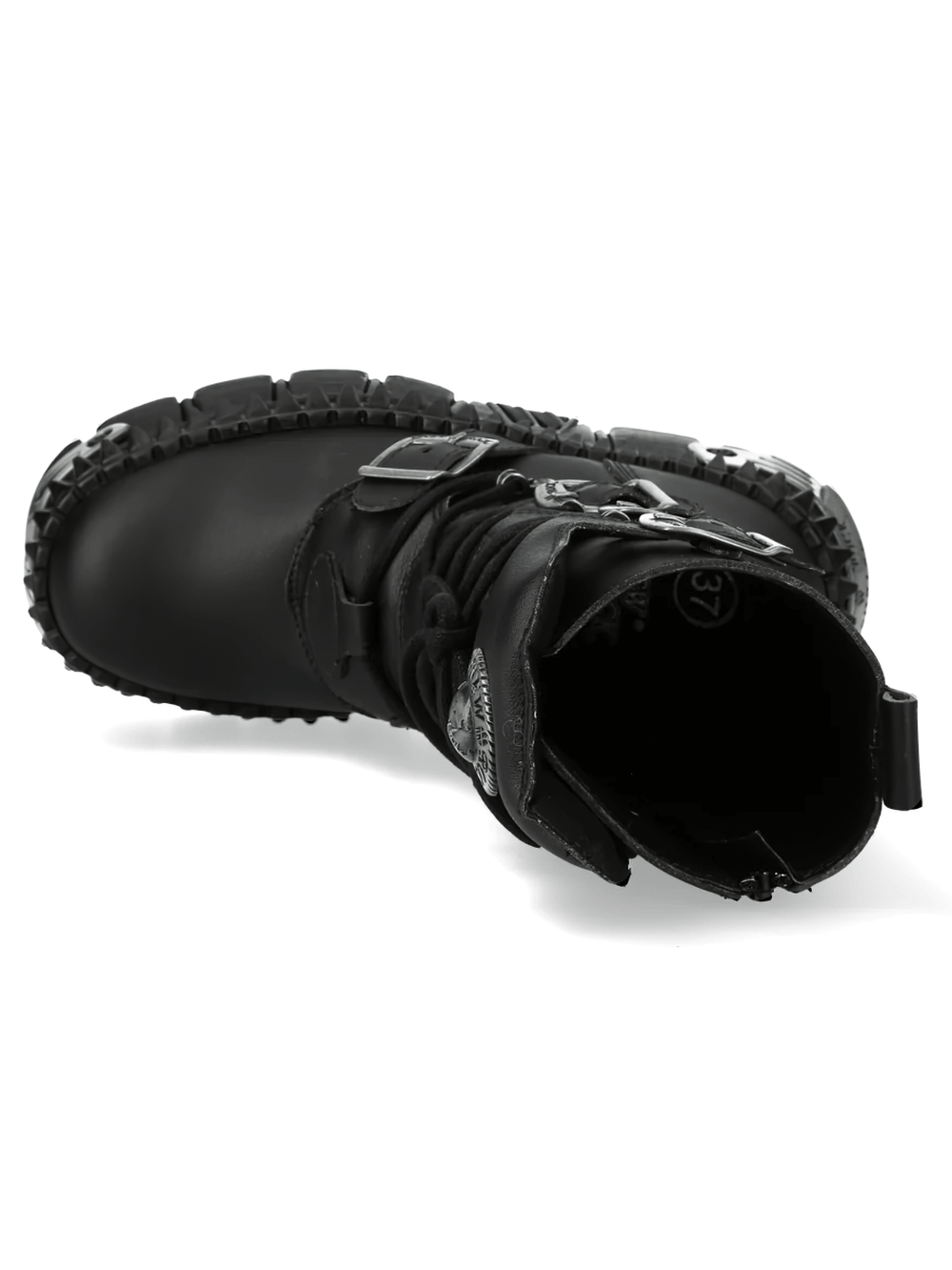 NEW ROCK Women's Gothic Platform Boots with Four Side Straps overhead view showcasing buckles and lug sole.