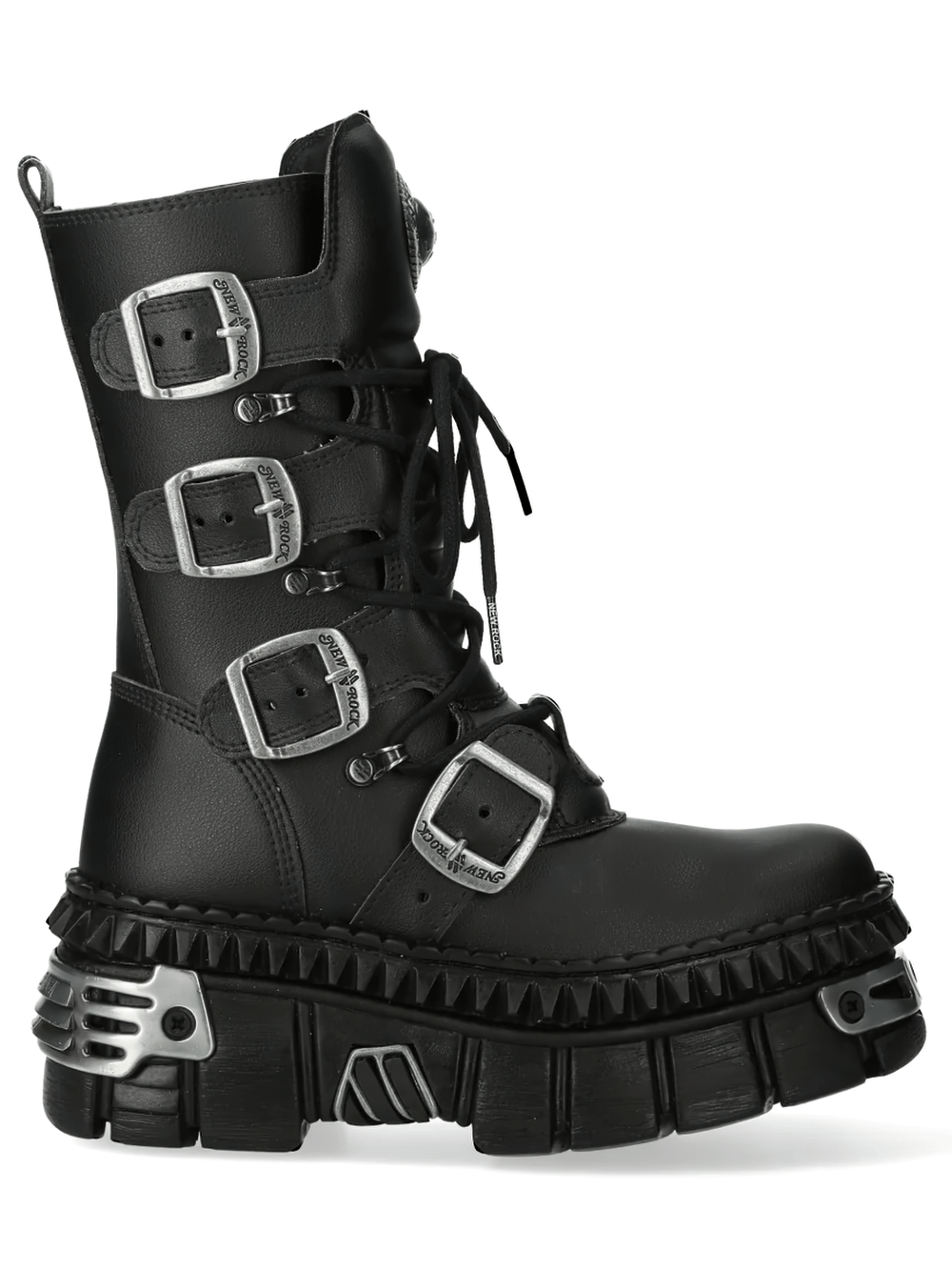 NEW ROCK Women's Gothic Platform Boots with Four Side Straps showcase a bold design with a metallic lug platform and buckle straps.