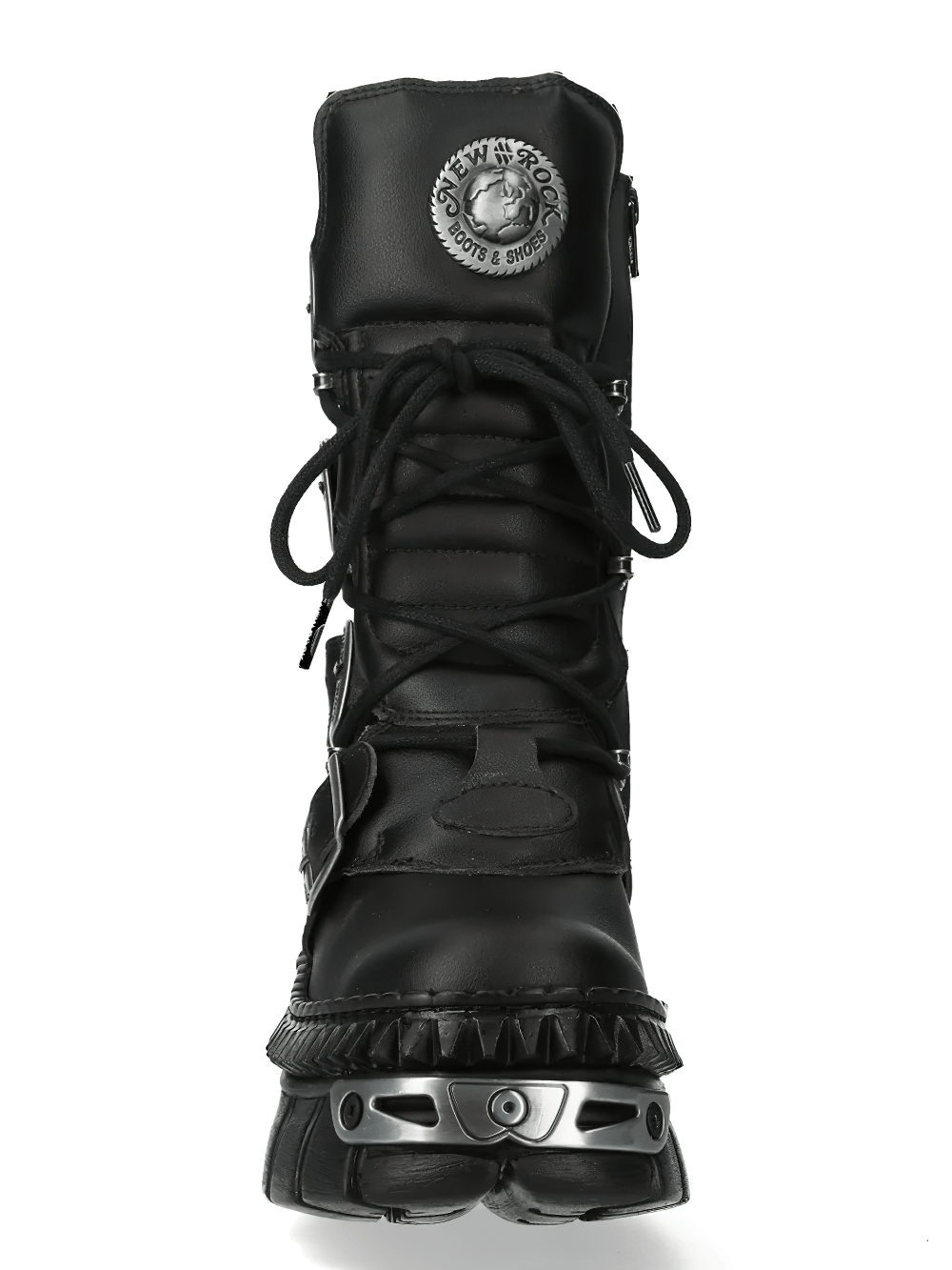 NEW ROCK Women's Gothic Platform Boots with Four Side Straps featuring a raised tongue medallion and wraparound lacing.