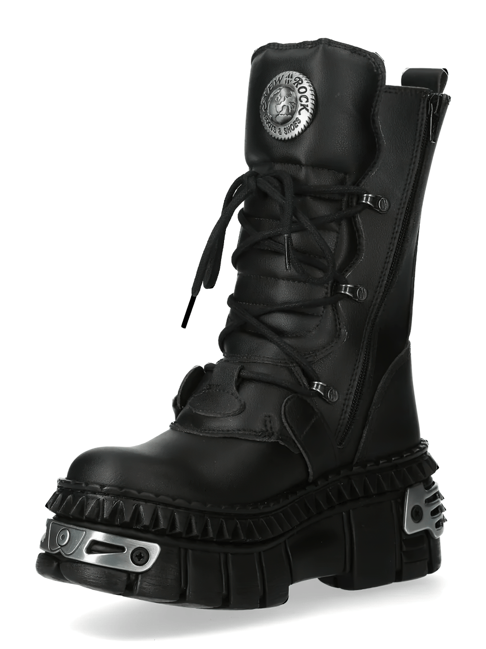 NEW ROCK Women's Gothic Platform Boots with Four Side Straps featuring a structured shaft and oversized lug sole.