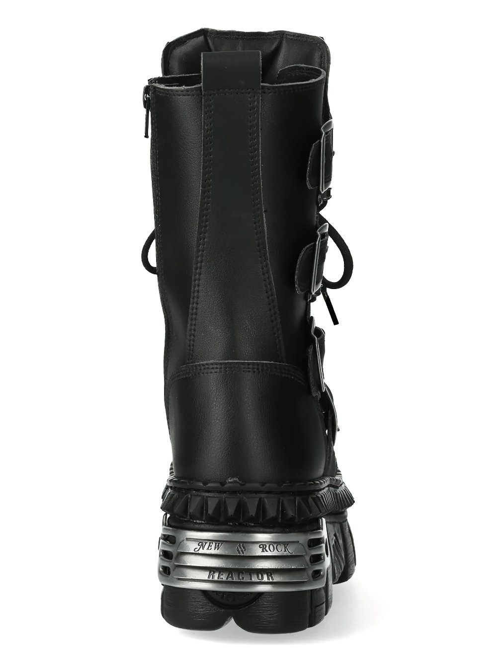 NEW ROCK Women's Gothic Platform Boots with Four Side Straps, black ankle boots with buckle straps and metallic lug platform.
