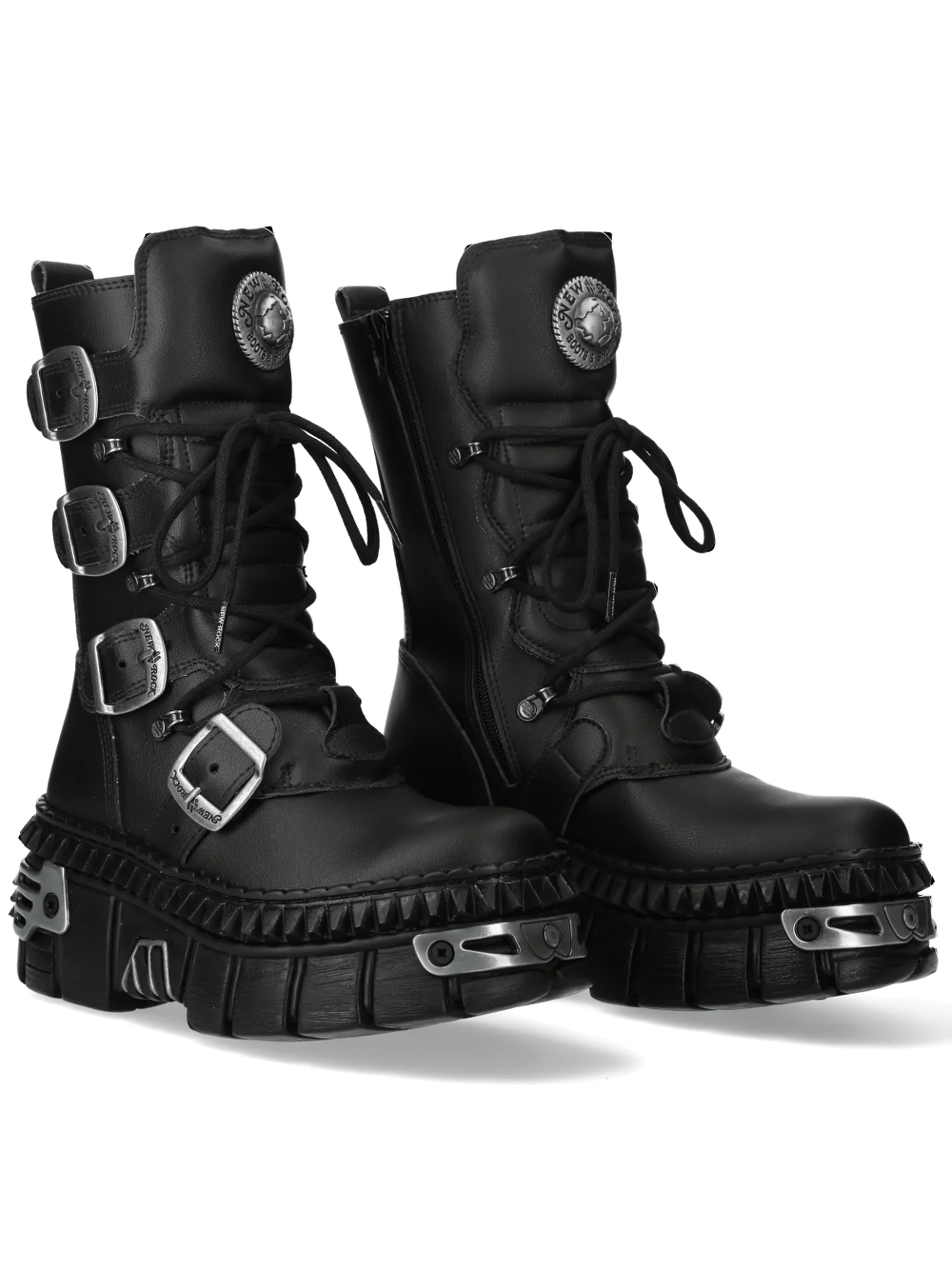 NEW ROCK Women's Gothic Platform Boots with Four Side Straps featuring a tall shaft and metallic lug soles.