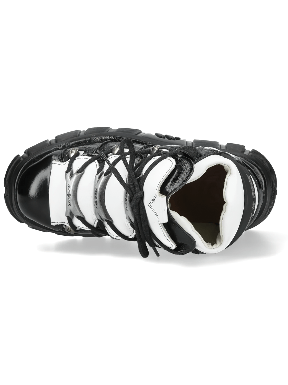NEW ROCK Women's Gothic Platform Boots with Metal Plates top view showing black and white glossy finish.