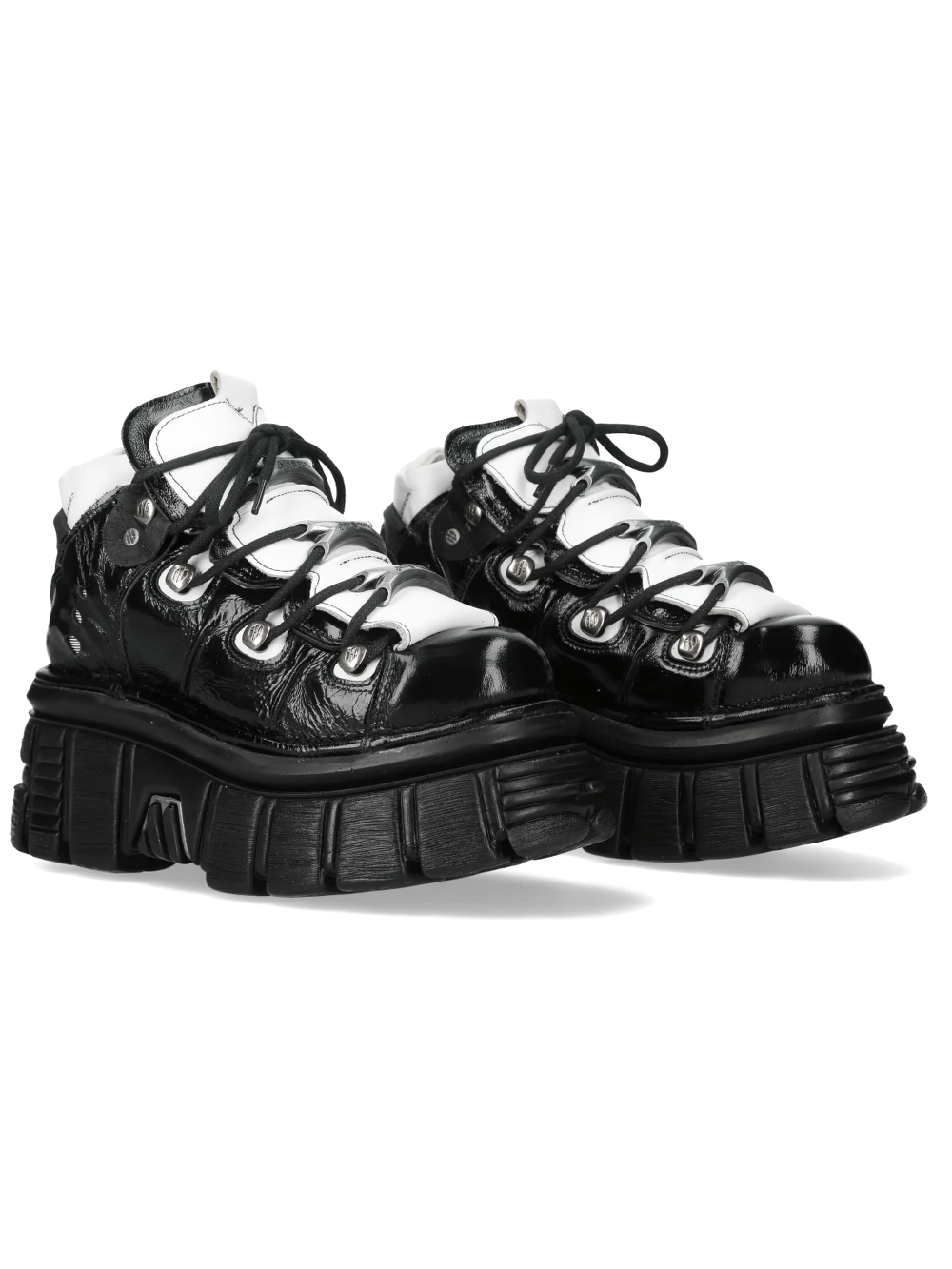 NEW ROCK Women's Gothic Platform Boots with Metal Plates in black and white, showcasing chunky lugged soles.