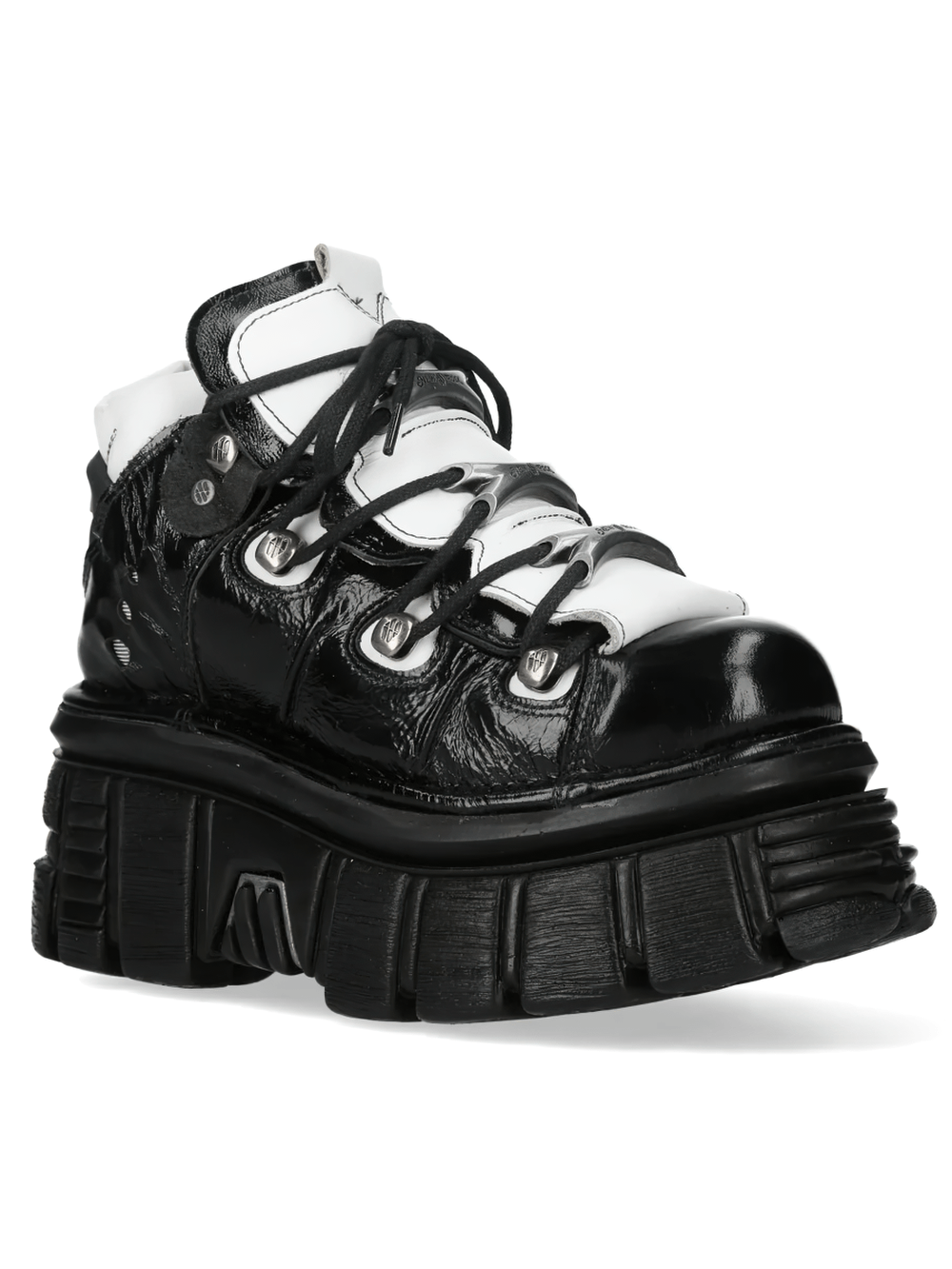 NEW ROCK Women's Gothic Platform Boots with Metal Plates - Black and white punk rock ankle boots with chunky sole.