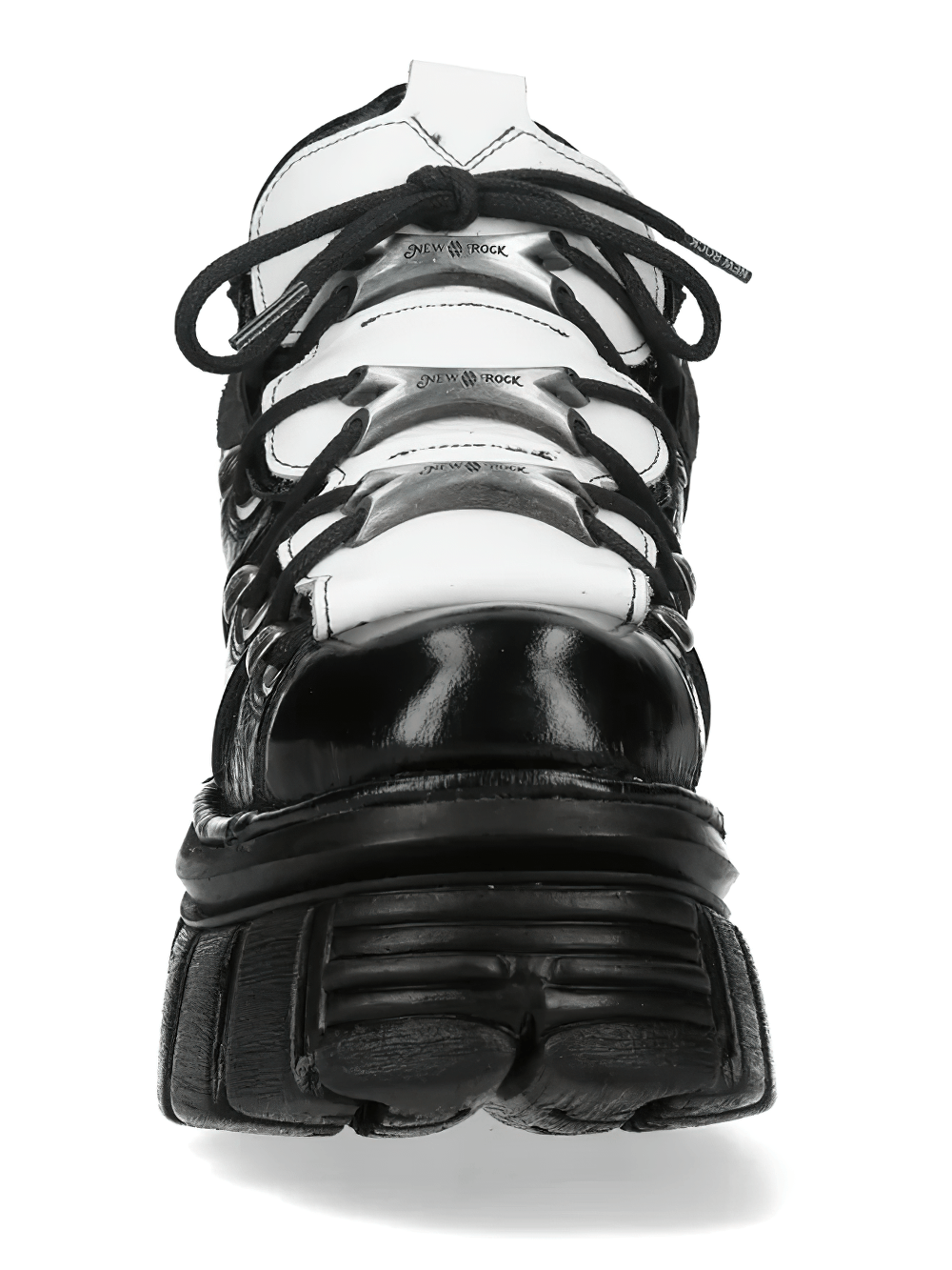 NEW ROCK Women's Gothic Platform Boots with Metal Plates - front view showcasing unique lace design and chunky platform.