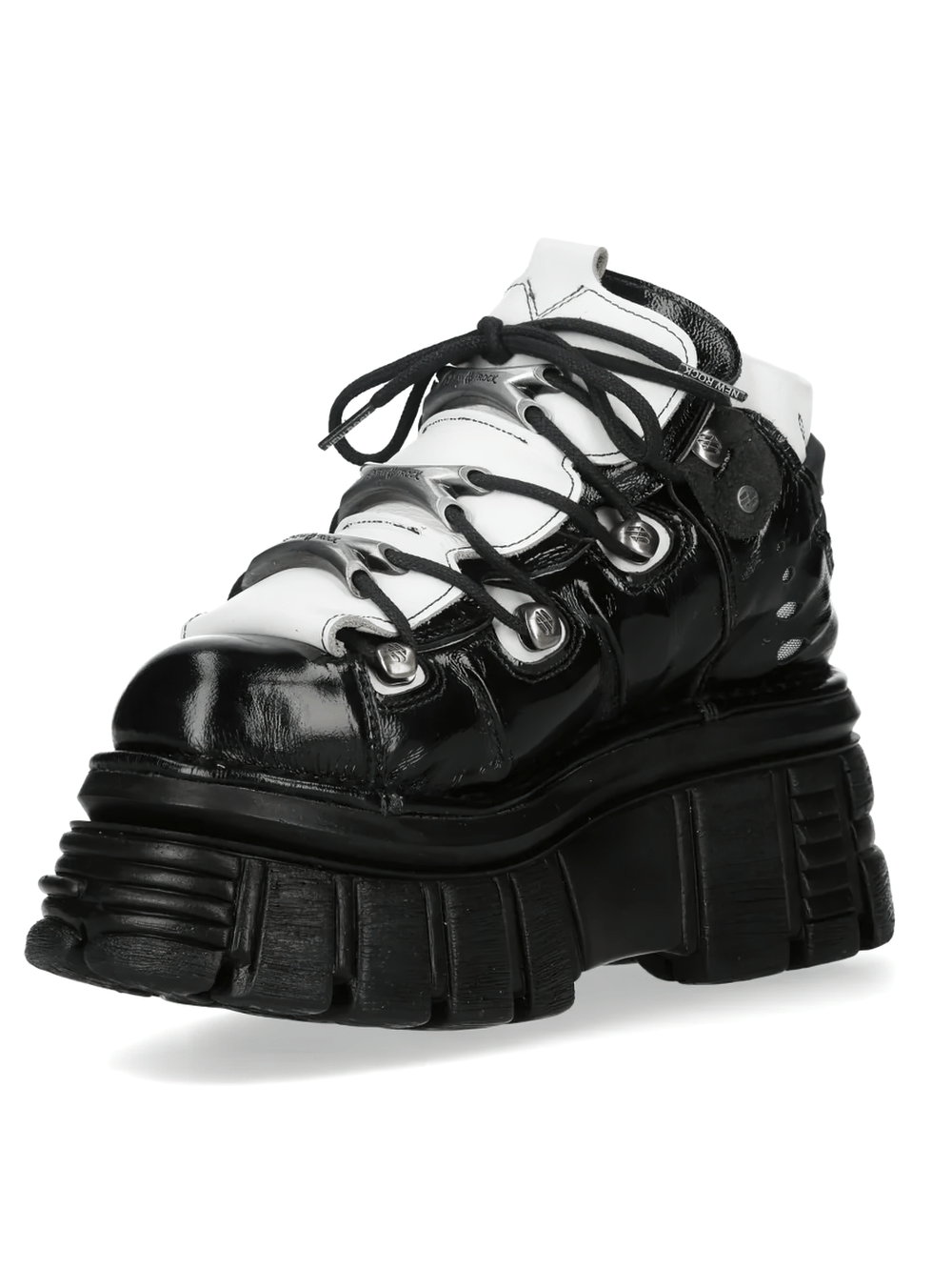 NEW ROCK Women's Gothic Platform Boots with Metal Plates featuring chunky lugged sole and glossy black finish.
