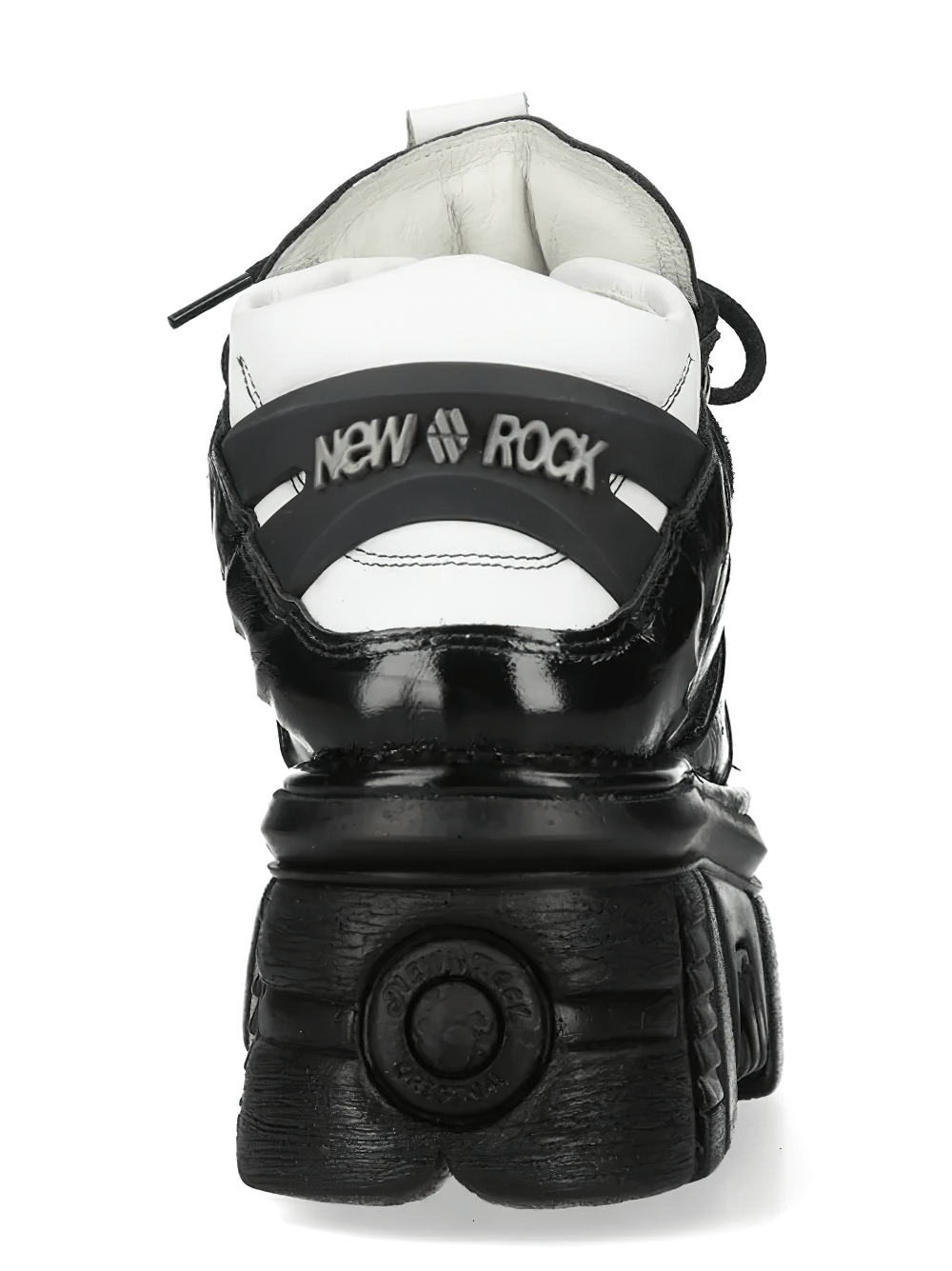 NEW ROCK Women's Gothic Platform Boots with Metal Plates - rear view showcasing glossy black and white design.