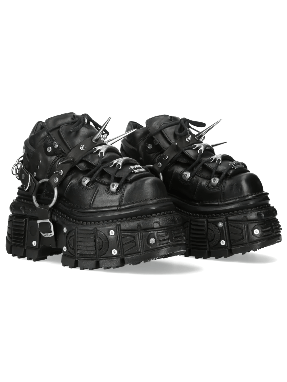 NEW ROCK Women's Gothic Platform Boots with Spikes Rings featuring black leather, spikes, and a rugged platform sole.