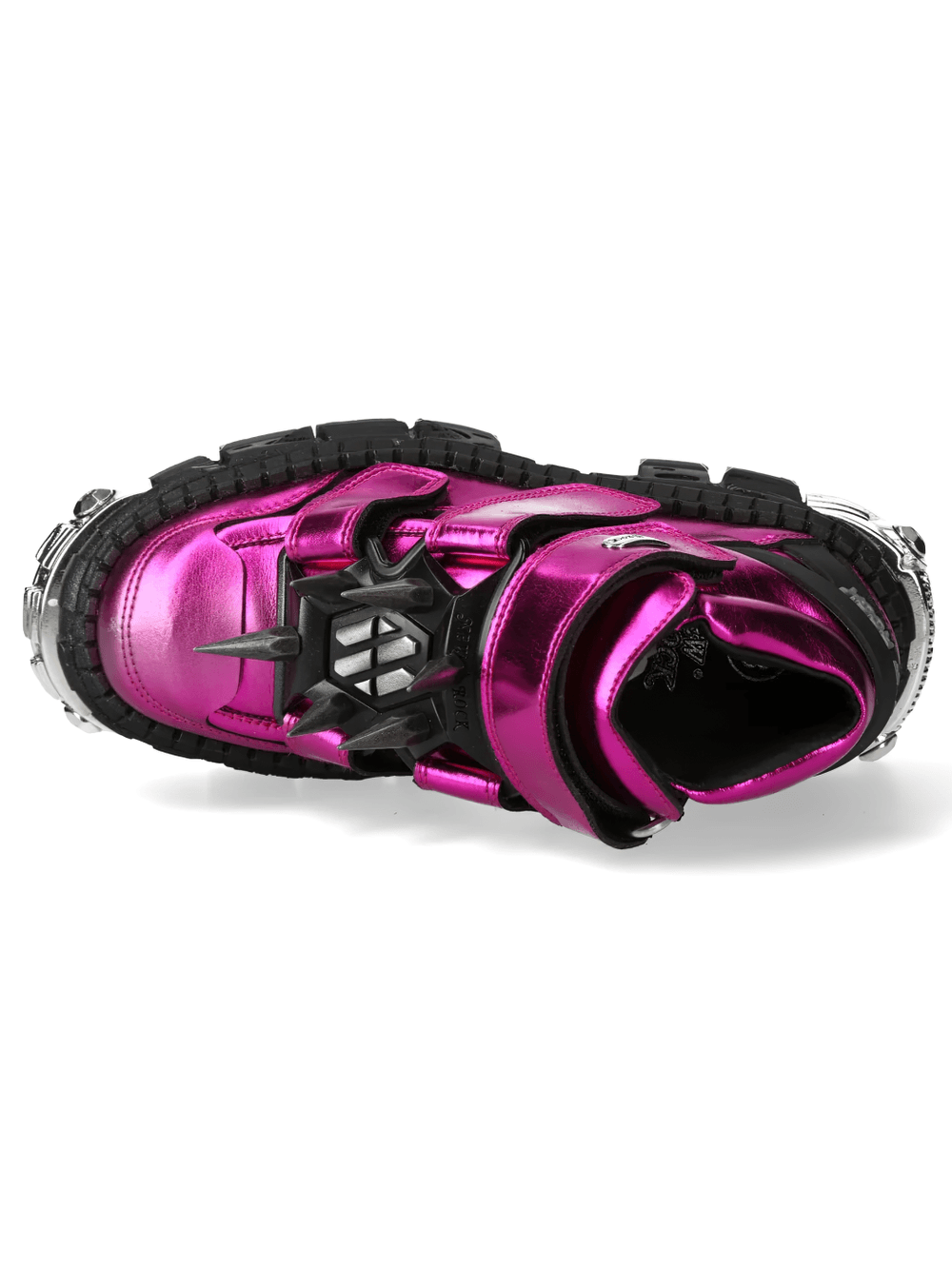 NEW ROCK Women's Gothic Platform Shoes with Bold Spikes in metallic pink with oversized spikes and straps.
