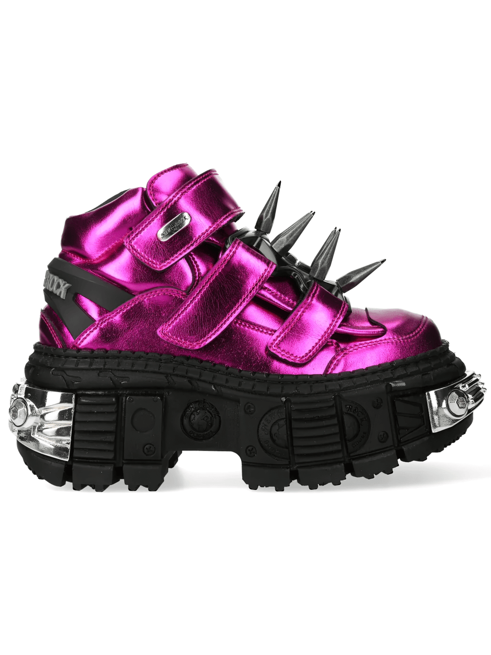 NEW ROCK Women's Gothic Platform Shoes with Bold Spikes in metallic pink with oversized spikes and lugged sole.