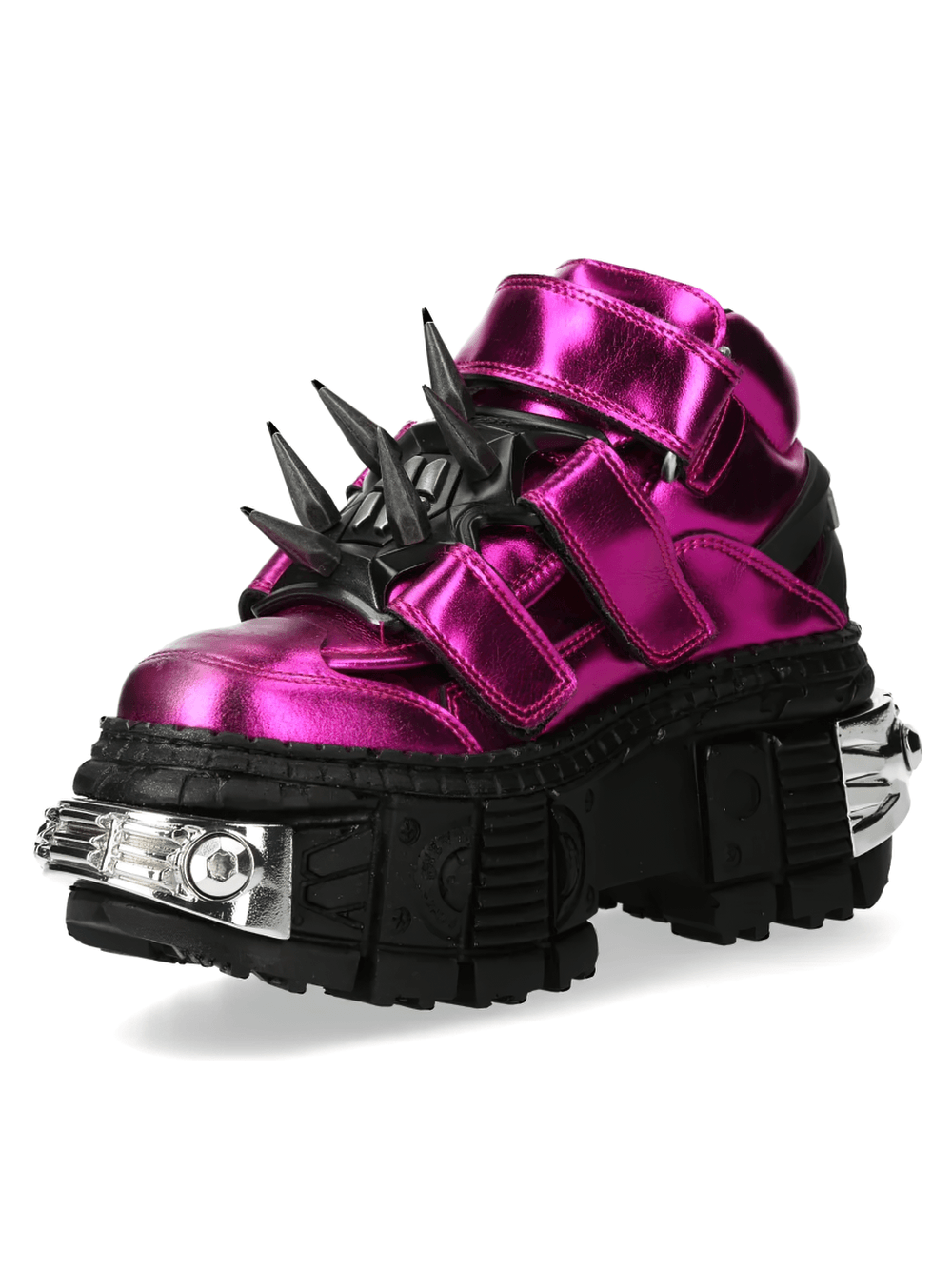 NEW ROCK Women's Gothic Platform Shoes with Bold Spikes in metallic pink with oversized black spikes and platform sole.
