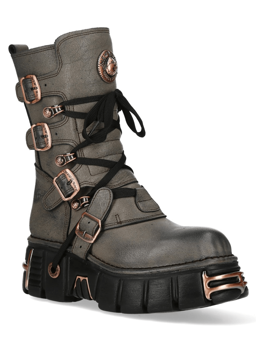 NEW ROCK Women's Gothic Punk Boots With Buckles and Platform featuring lace-up design and bold PU ultra platform.
