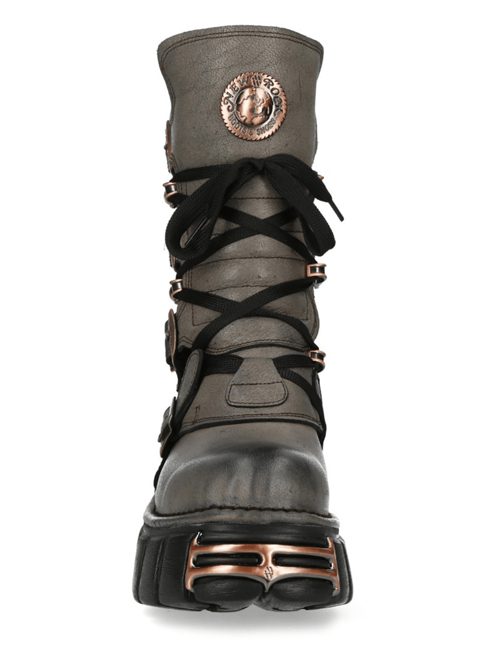NEW ROCK Women's Gothic Punk Boots With Buckles and Platform featuring a heavy biker style and copper trim.