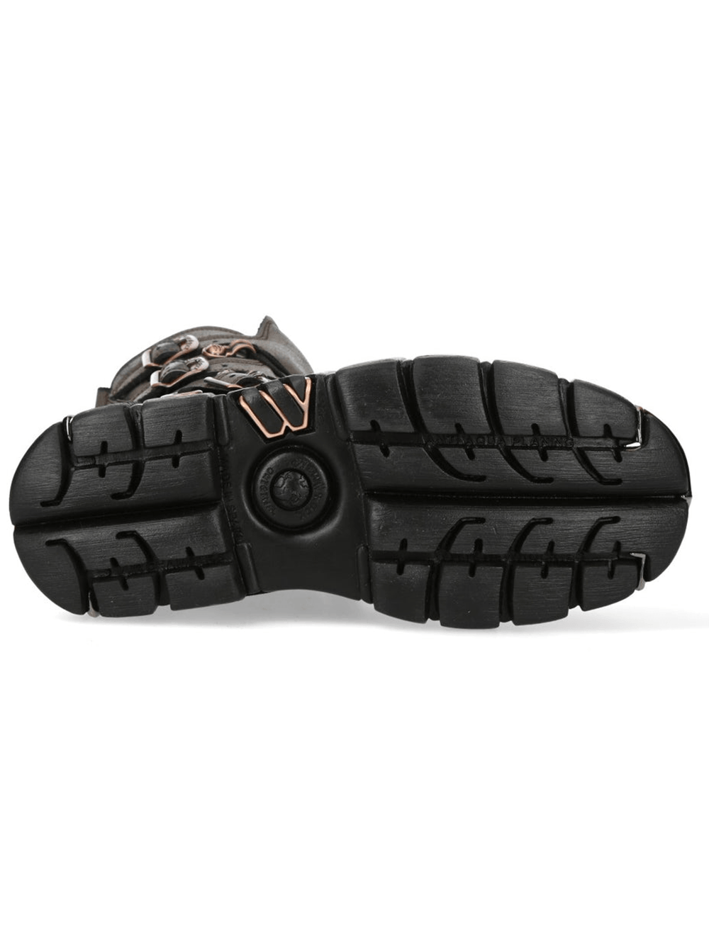 NEW ROCK Women's Gothic Punk Boots With Buckles and Platform sole view showcasing rugged tread and copper-tone details.