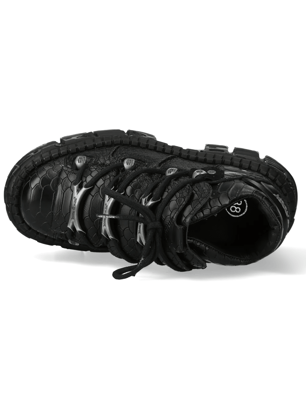 NEW ROCK Women's Gothic Shoes with Croc Texture and Hardware, showcasing a stylish black croc pattern and industrial sole.