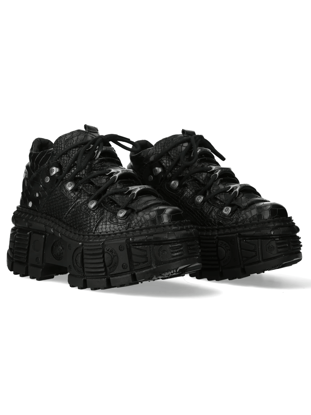 NEW ROCK Women's Gothic Shoes with Croc Texture and Hardware in black, featuring industrial sole and lace-up detail.