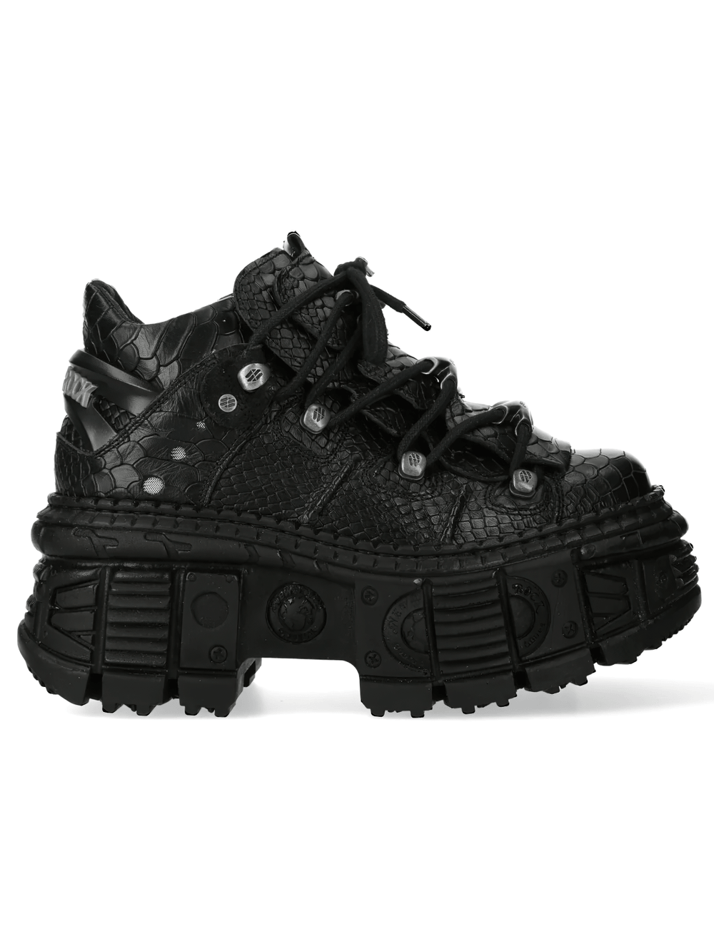 NEW ROCK Women's Gothic Shoes with Croc Texture and Hardware side view showcasing the black croc finish and industrial sole.