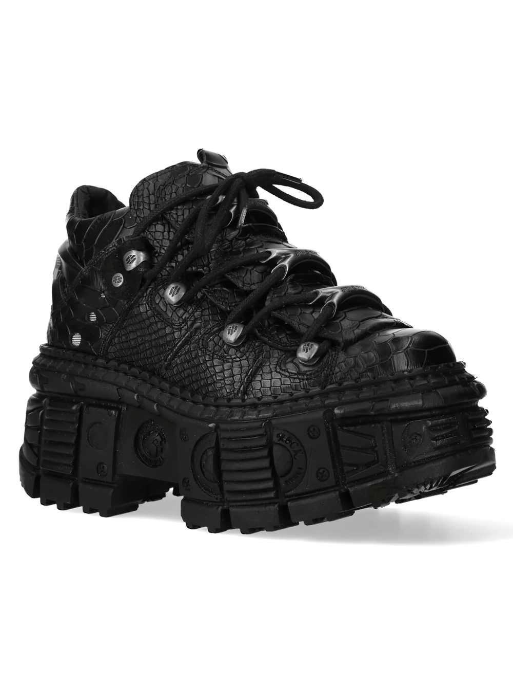 NEW ROCK Women's Gothic Shoes with Croc Texture and Hardware in black with industrial sole and lace-up design.