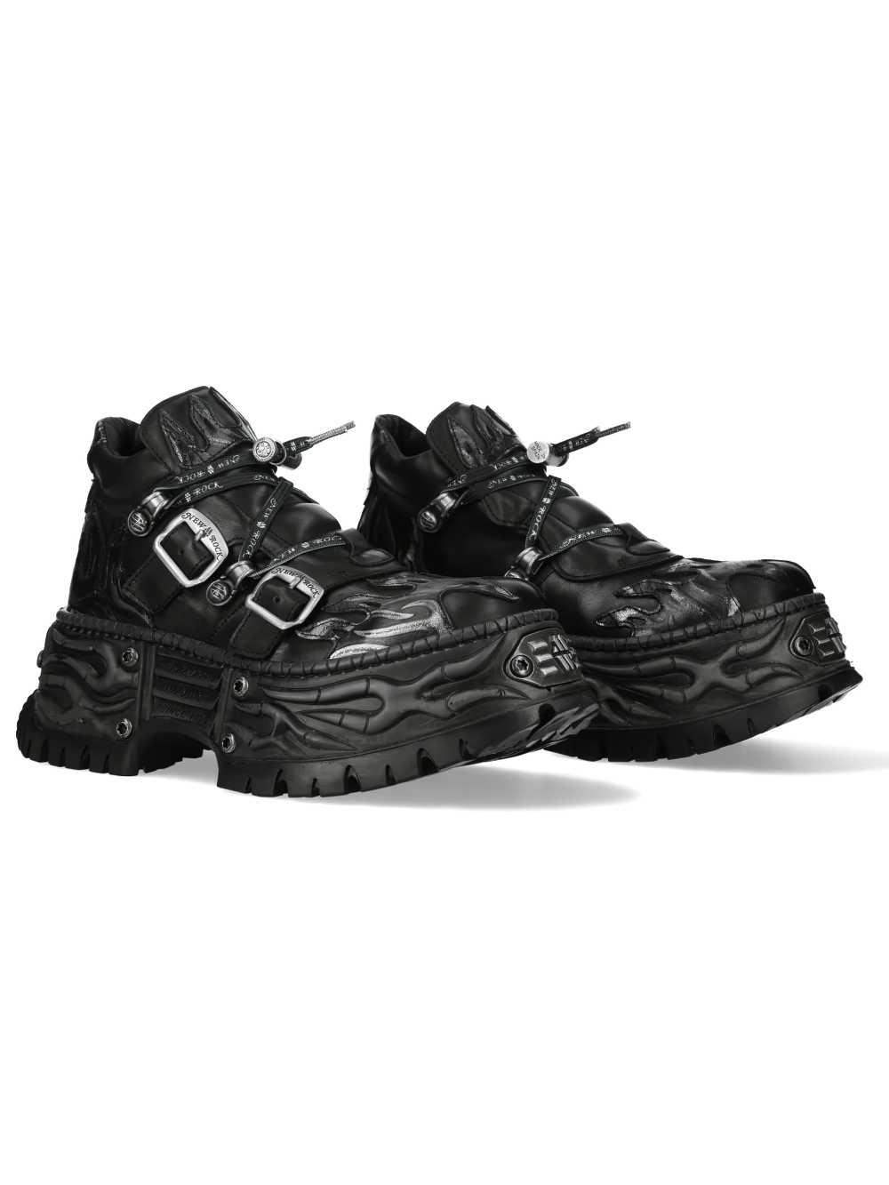 NEW ROCK Women's Gothic Shoes with Flames and Double Buckles, black punk shoes with double buckle straps and flame details.