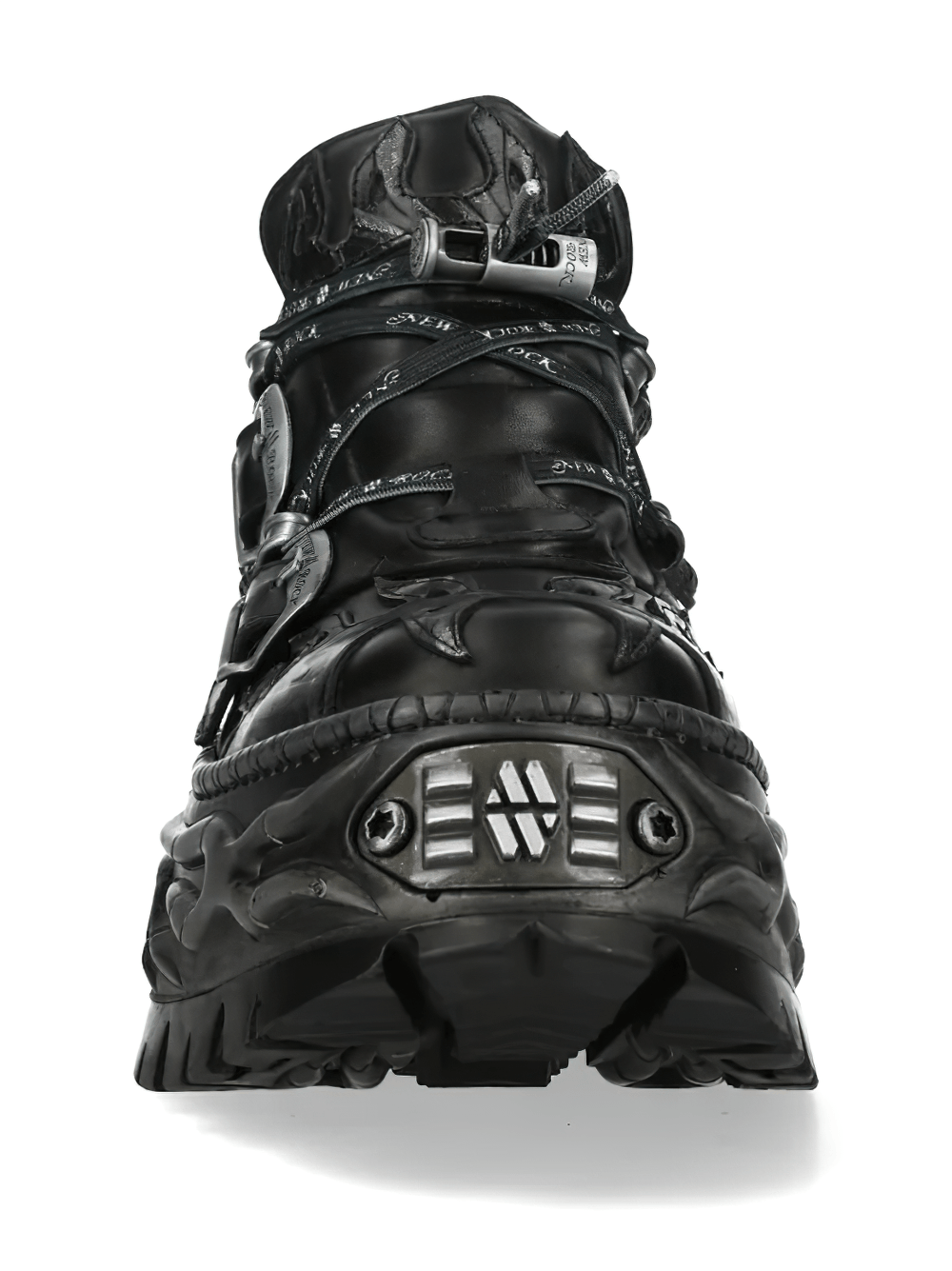 NEW ROCK Women's Gothic Shoes with Flames and Double Buckles featuring embossed flames and rugged tread design.