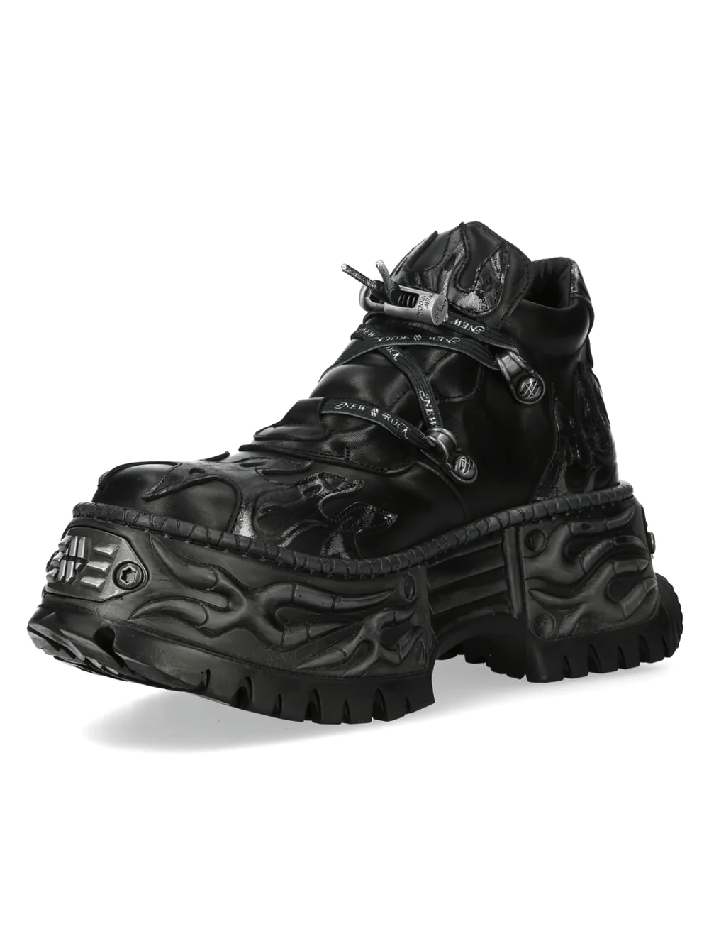 NEW ROCK Women's Gothic Shoes with Flames and Double Buckles showcasing black punk rock style with flame details.