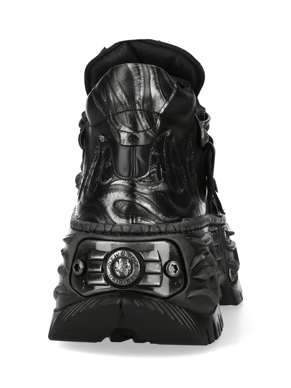 NEW ROCK Women's Gothic Shoes with Flames and Double Buckles back view showcasing sculpted wall sole and metal trim.