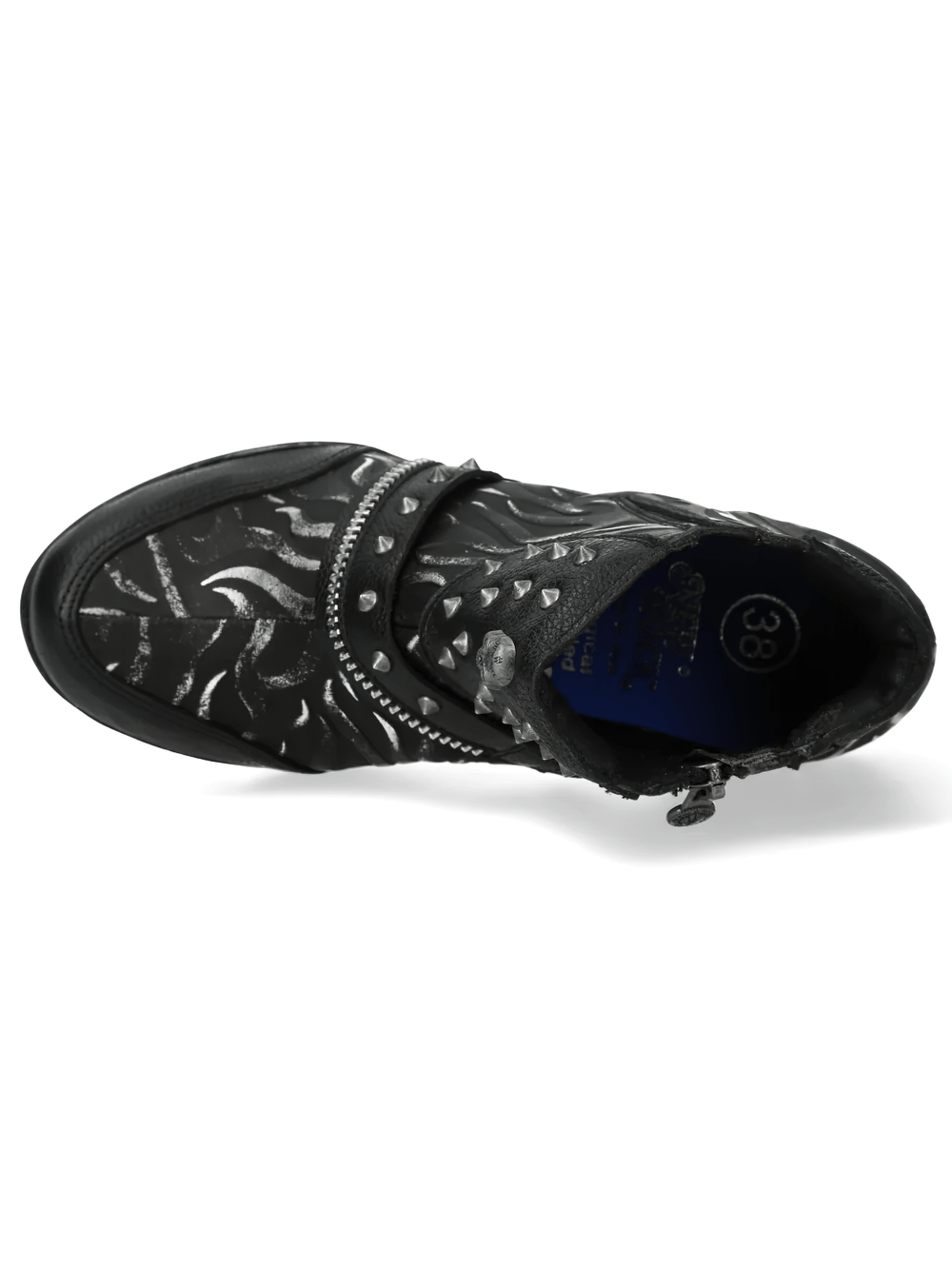 Top view of NEW ROCK Women's Gothic Skull Ankle Boots with Metal Heels showcasing studded strap details.