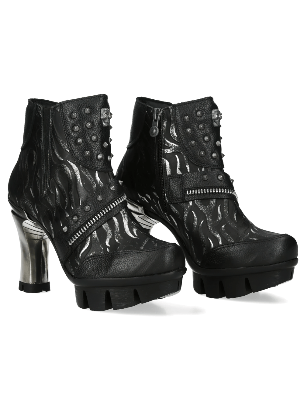NEW ROCK Women's Gothic Skull Ankle Boots with Metal Heels featuring black flames and silver-tone heels.