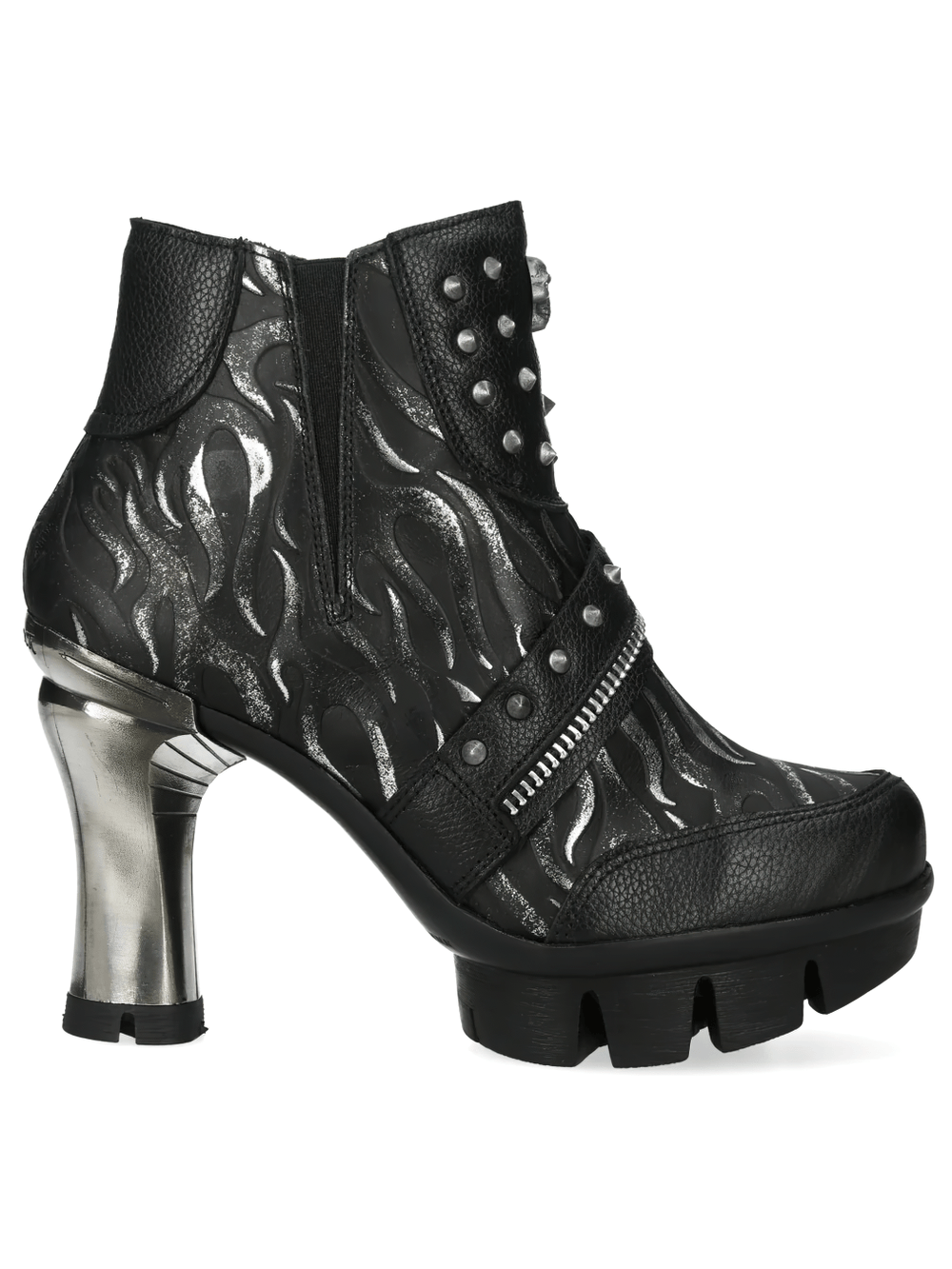 NEW ROCK Women's Gothic Skull Ankle Boots with Metal Heels featuring metallic flame designs and studded straps.